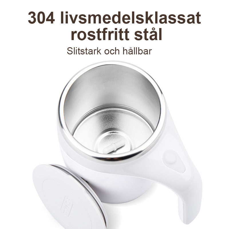 "Automatisk rörande kaffemugg i rostfritt stål, vit och kaffe färg, med knapp för enkel omrörning, perfekt för alla drycker."
