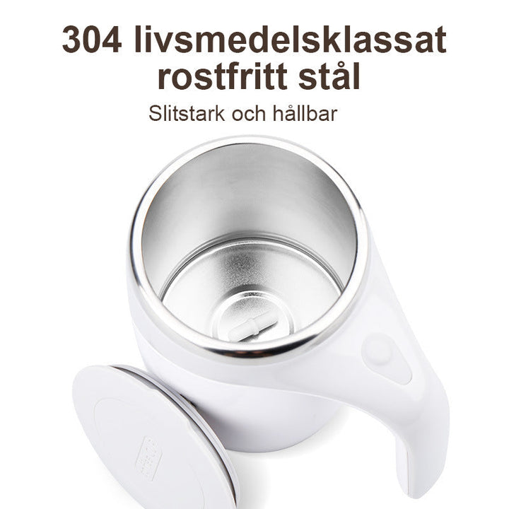 "Automatisk rörande kaffemugg i rostfritt stål, vit och kaffe färg, med knapp för enkel omrörning, perfekt för alla drycker."