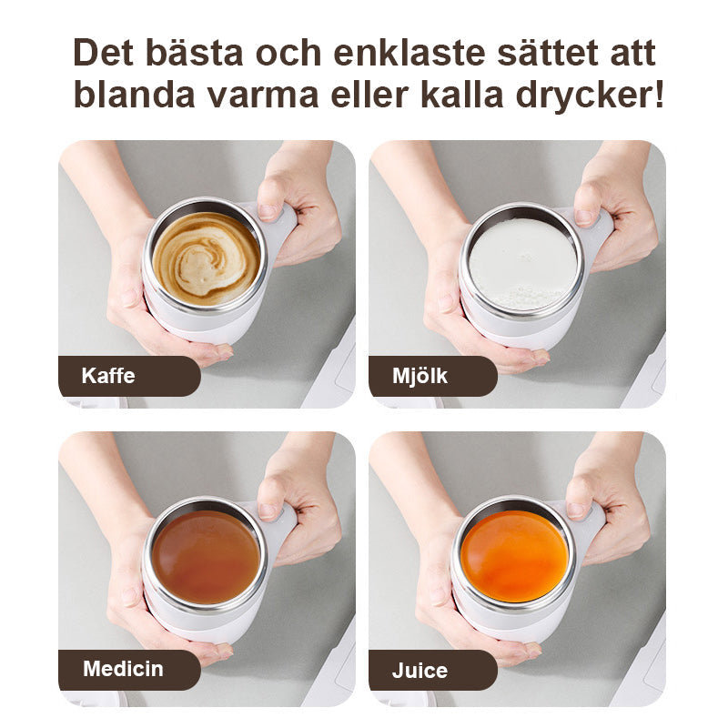 "Automatisk rörande kaffemugg i rostfritt stål, vit och kaffe färg, med knapp för enkel omrörning, perfekt för alla drycker."