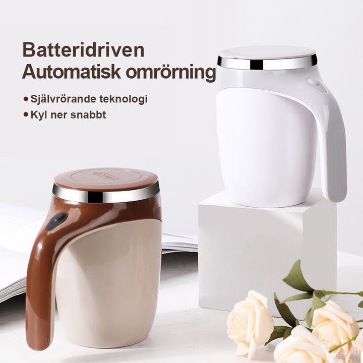 "Automatisk rörande kaffemugg i rostfritt stål, vit och kaffe färg, med knapp för enkel omrörning, perfekt för alla drycker."