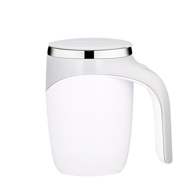 "Automatisk rörande kaffemugg i rostfritt stål, vit och kaffe färg, med knapp för enkel omrörning, perfekt för alla drycker."