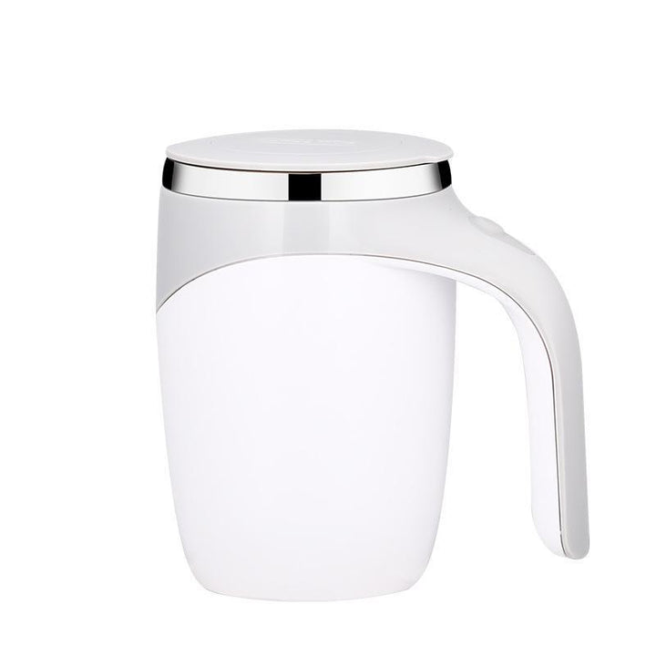 "Automatisk rörande kaffemugg i rostfritt stål, vit och kaffe färg, med knapp för enkel omrörning, perfekt för alla drycker."