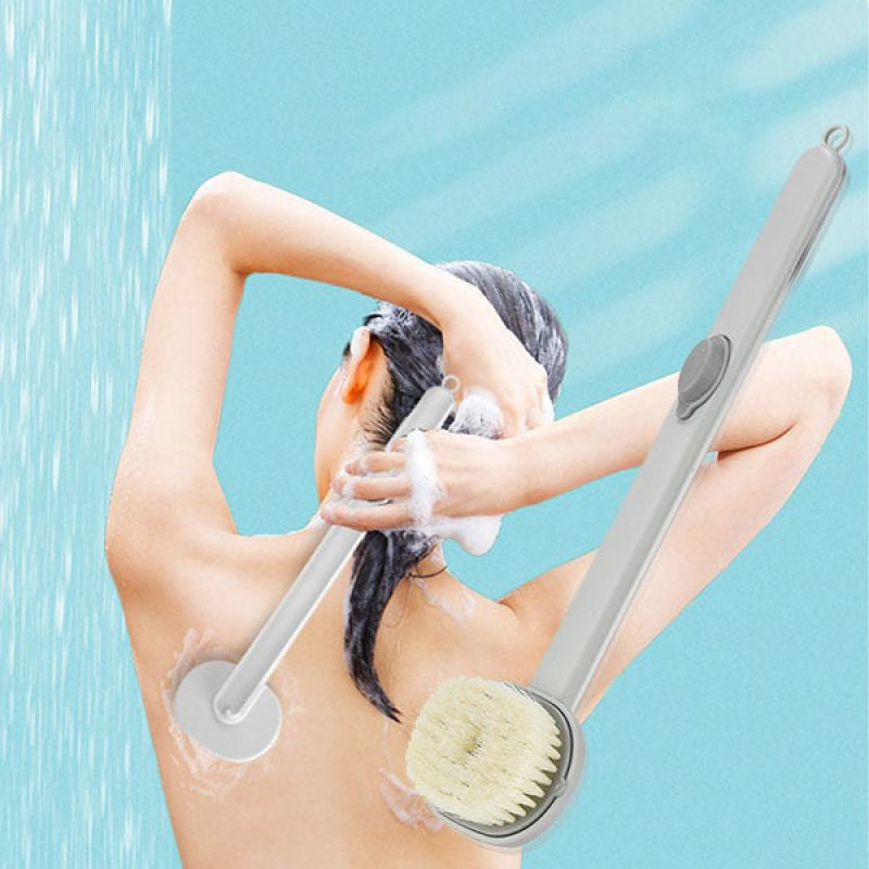 "Avtagbar badmassageborste med långt handtag, ergonomisk design, exfolierar huden, nylonborst, pastellfärger"