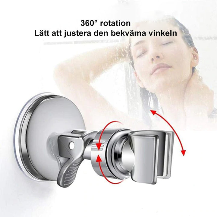 "Avtagbart handsfritt duschhuvud med sugkopp, modernt utseende, enkel installation utan borrning, justerbart och roterbart."