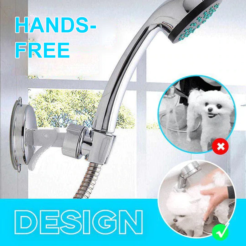 "Avtagbart handsfritt duschhuvud med sugkopp, modernt utseende, enkel installation utan borrning, justerbart och roterbart."