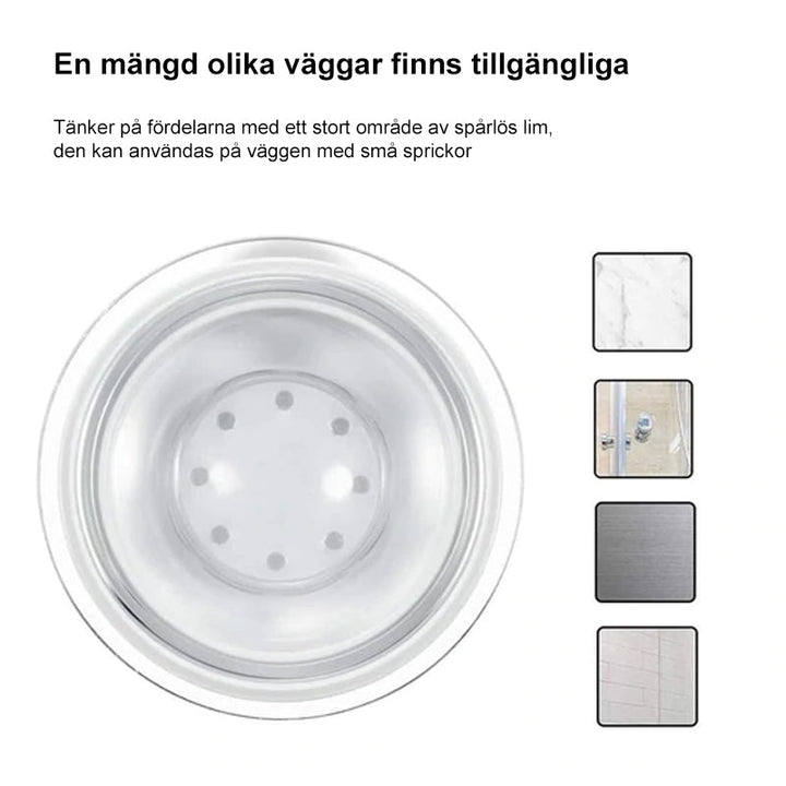 "Avtagbart handsfritt duschhuvud med sugkopp, modernt utseende, enkel installation utan borrning, justerbart och roterbart."