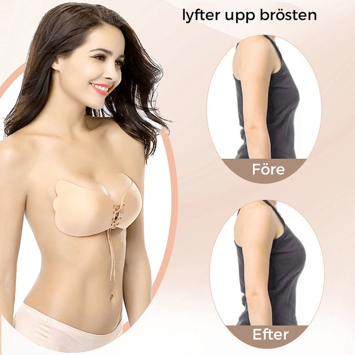 "Axelbandslös push-up BH i hudfärgad design, återanvändbar, med silikonklister, perfekt för baraxlade klänningar."