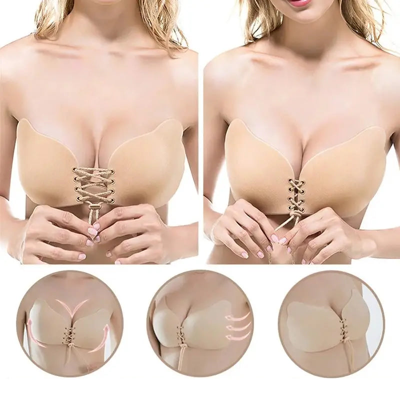 "Axelbandslös push-up BH i hudfärgad design, återanvändbar, med silikonklister, perfekt för baraxlade klänningar."