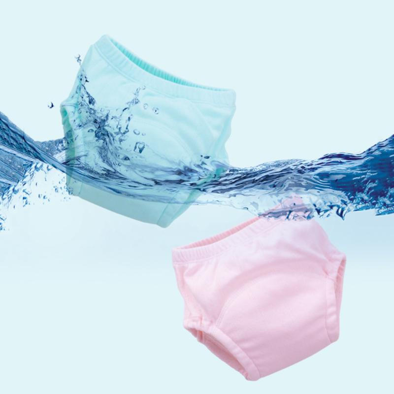 "Baby träningsbyxor i mjuk bomull med urinförhindrande design, visas i flera färger såsom gul och rosa."