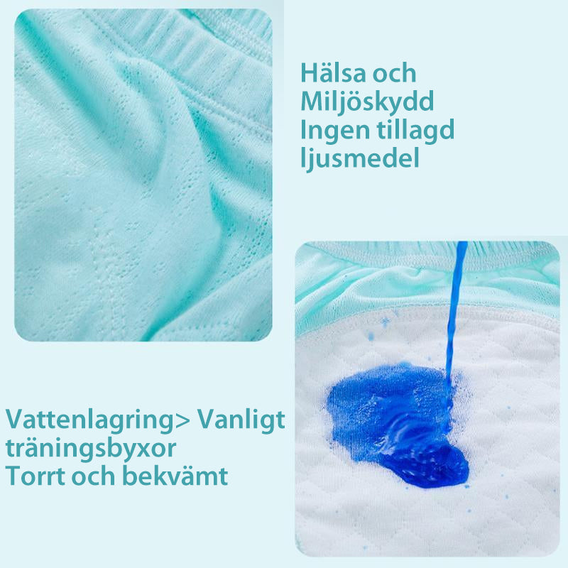 "Baby träningsbyxor i mjuk bomull med urinförhindrande design, visas i flera färger såsom gul och rosa."