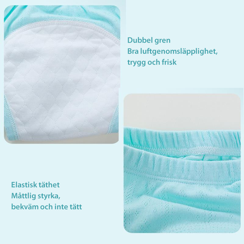 "Baby träningsbyxor i mjuk bomull med urinförhindrande design, visas i flera färger såsom gul och rosa."