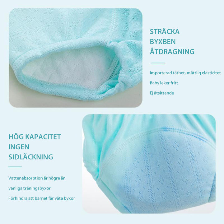 "Baby träningsbyxor i mjuk bomull med urinförhindrande design, visas i flera färger såsom gul och rosa."
