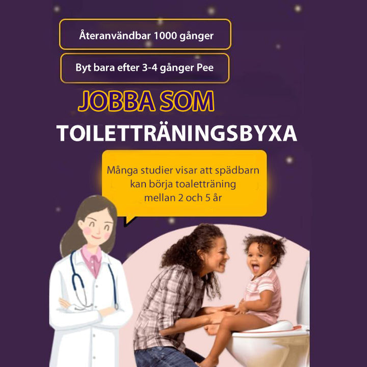 "Baby träningsbyxor i mjuk bomull med urinförhindrande design, visas i flera färger såsom gul och rosa."