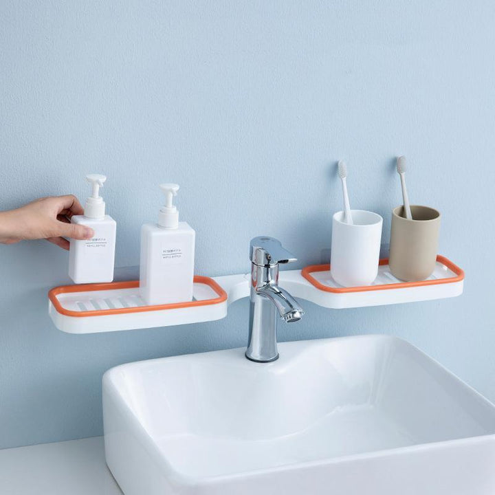 "Badrumshörn förvaringshylla grå/orange, stansfri design, 180° rotation; maximerar förvaring i hörn utan borrning."