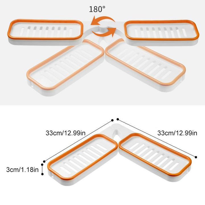 "Badrumshörn förvaringshylla grå/orange, stansfri design, 180° rotation; maximerar förvaring i hörn utan borrning."