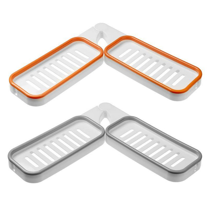 "Badrumshörn förvaringshylla grå/orange, stansfri design, 180° rotation; maximerar förvaring i hörn utan borrning."