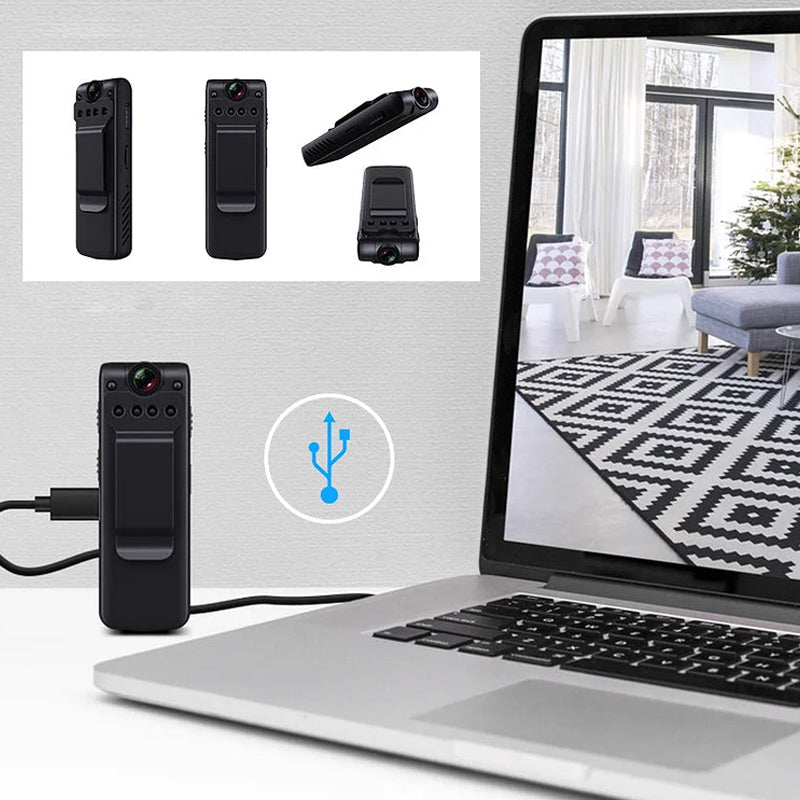 "Bärbar 1080P videoinspelare med mörkerseende, kompakt svart design, 90° roterbar lins för flexibel filmning."