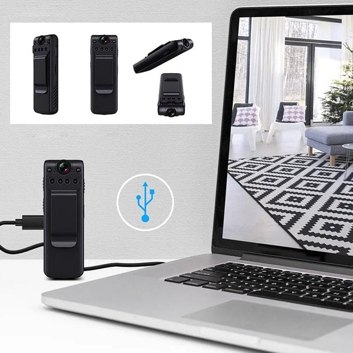 "Bärbar 1080P videoinspelare med mörkerseende, kompakt svart design, 90° roterbar lins för flexibel filmning."