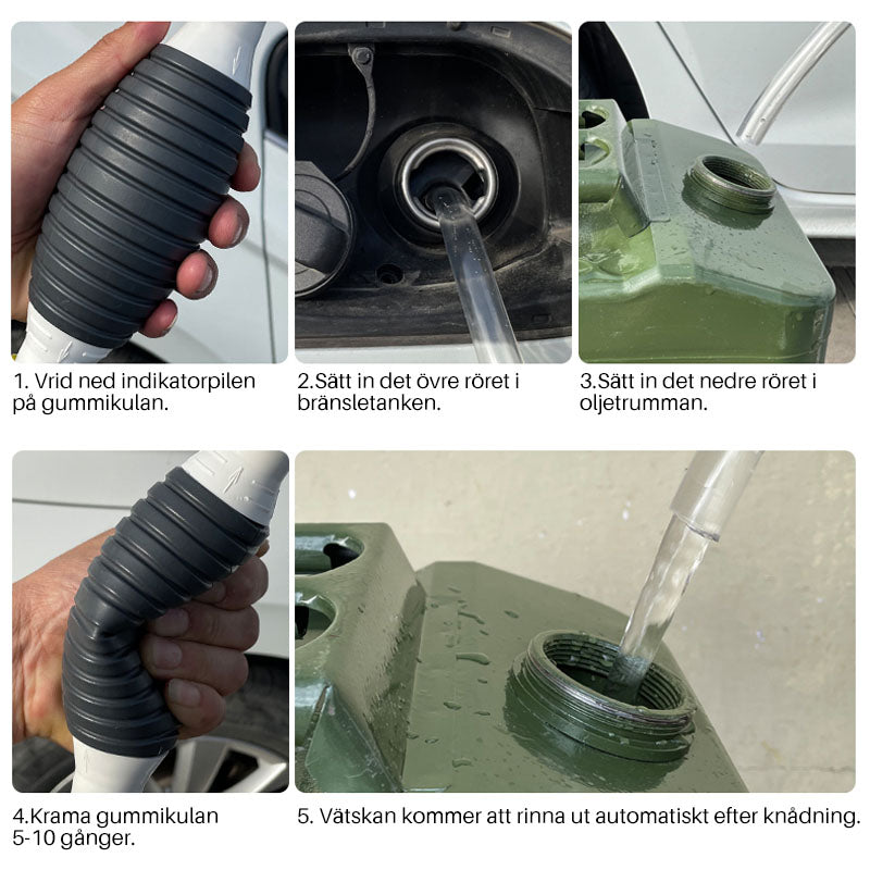"Bärbar bilbränslepump med slitstark PVC, 1.5 m slang. Idealisk för enkel vätsketransfer av bensin, olja, vatten."
