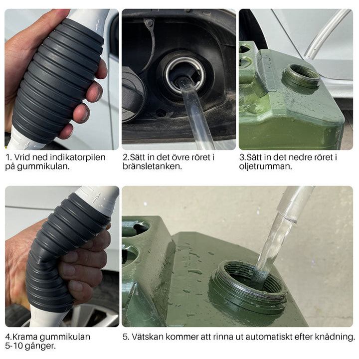 "Bärbar bilbränslepump med slitstark PVC, 1.5 m slang. Idealisk för enkel vätsketransfer av bensin, olja, vatten."