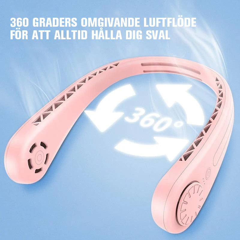 "Bärbar bladlös nackfläkt, hands-free design, vit och rosa, elegant och bekväm med justerbar hastighet, låg ljudnivå."