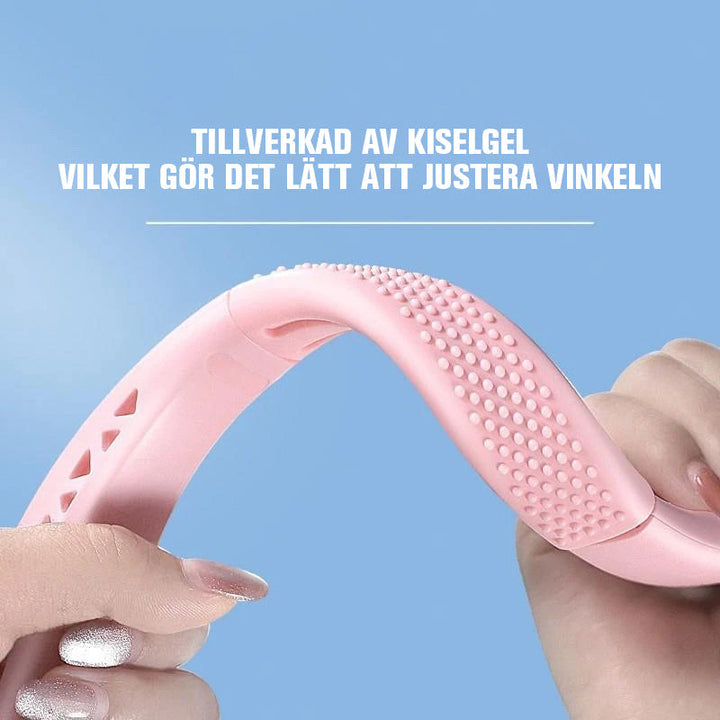 "Bärbar bladlös nackfläkt, hands-free design, vit och rosa, elegant och bekväm med justerbar hastighet, låg ljudnivå."