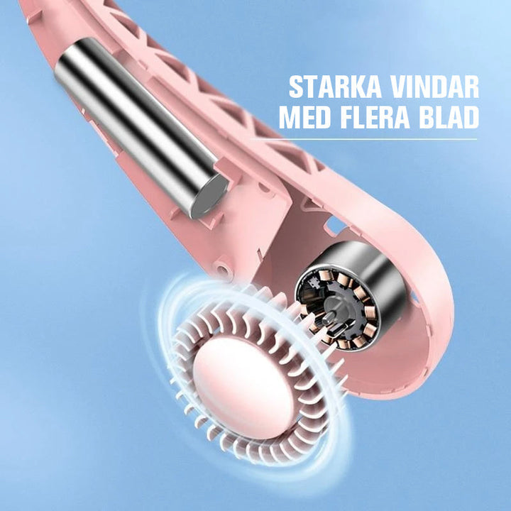"Bärbar bladlös nackfläkt, hands-free design, vit och rosa, elegant och bekväm med justerbar hastighet, låg ljudnivå."