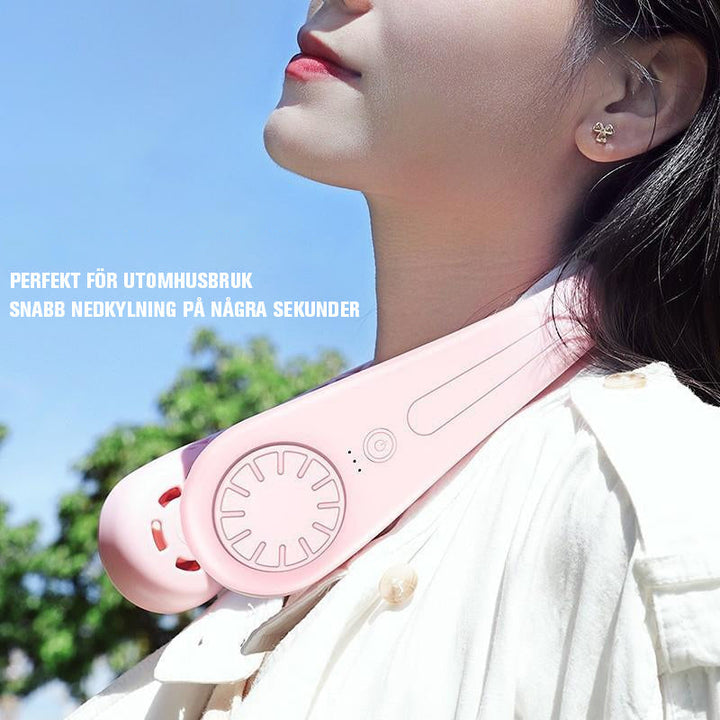 "Bärbar bladlös nackfläkt, hands-free design, vit och rosa, elegant och bekväm med justerbar hastighet, låg ljudnivå."