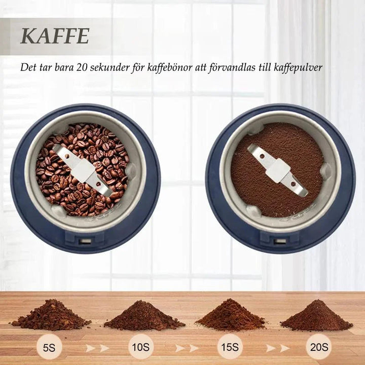 "Bärbar elektrisk kvarn i rostfritt stål, minimalistisk design, perfekt för köket, kraftfull motor, blå och vit färg."
