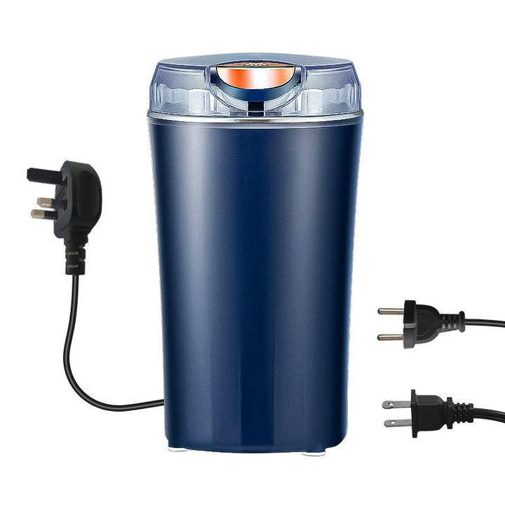 "Bärbar elektrisk kvarn i rostfritt stål, minimalistisk design, perfekt för köket, kraftfull motor, blå och vit färg."