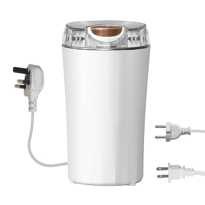 "Bärbar elektrisk kvarn i rostfritt stål, minimalistisk design, perfekt för köket, kraftfull motor, blå och vit färg."