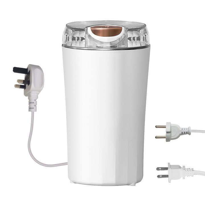 "Bärbar elektrisk kvarn i rostfritt stål, minimalistisk design, perfekt för köket, kraftfull motor, blå och vit färg."