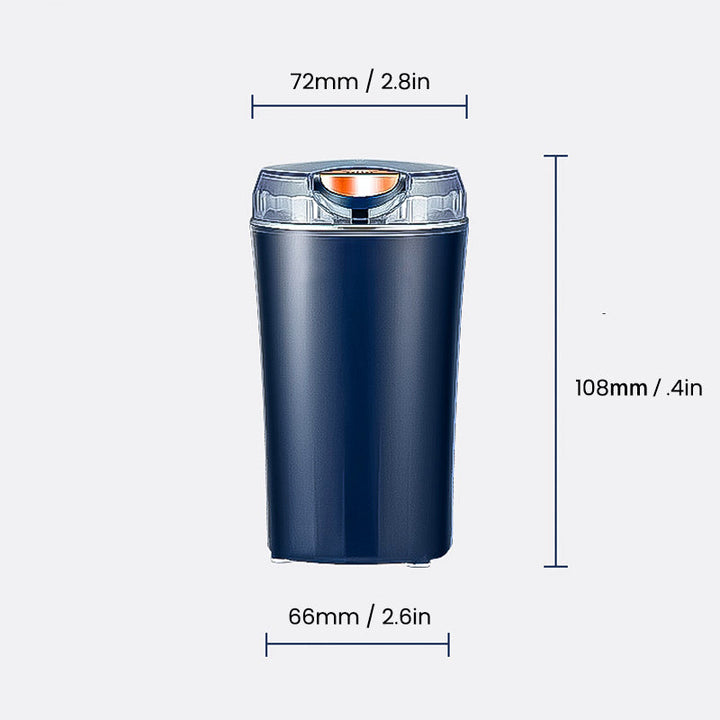 "Bärbar elektrisk kvarn i rostfritt stål, minimalistisk design, perfekt för köket, kraftfull motor, blå och vit färg."