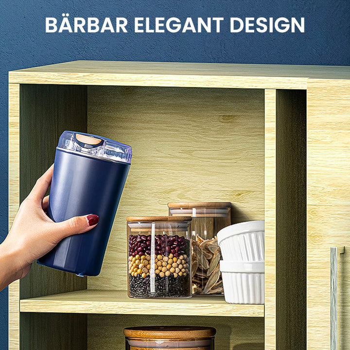 "Bärbar elektrisk kvarn i rostfritt stål, minimalistisk design, perfekt för köket, kraftfull motor, blå och vit färg."