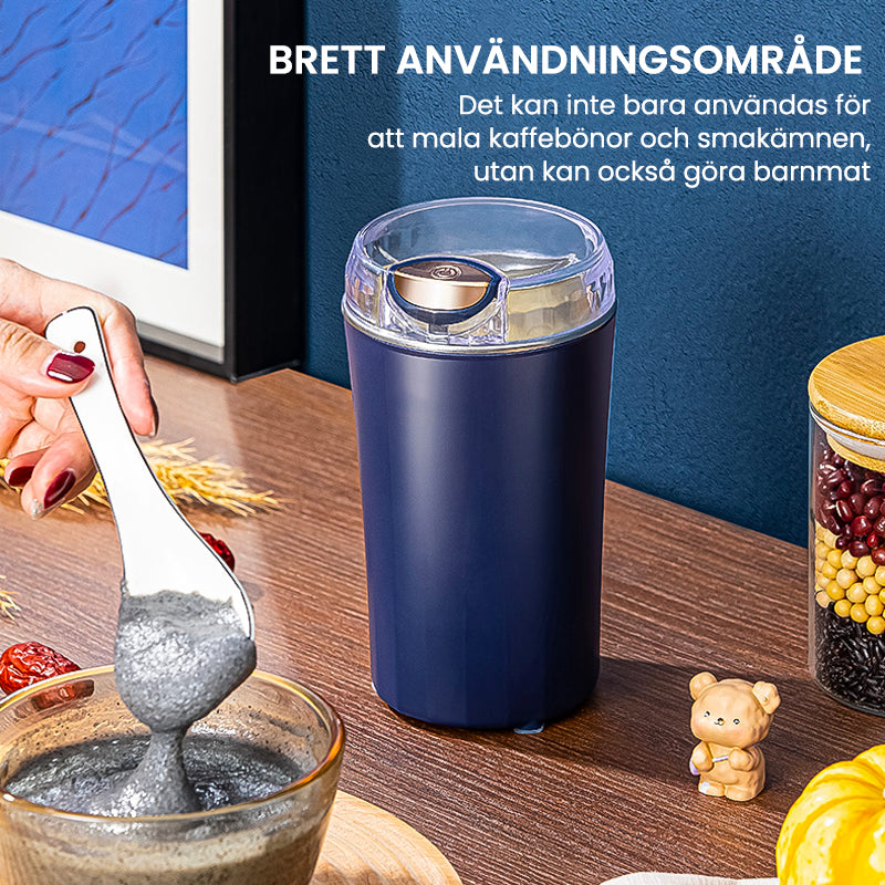 "Bärbar elektrisk kvarn i rostfritt stål, minimalistisk design, perfekt för köket, kraftfull motor, blå och vit färg."