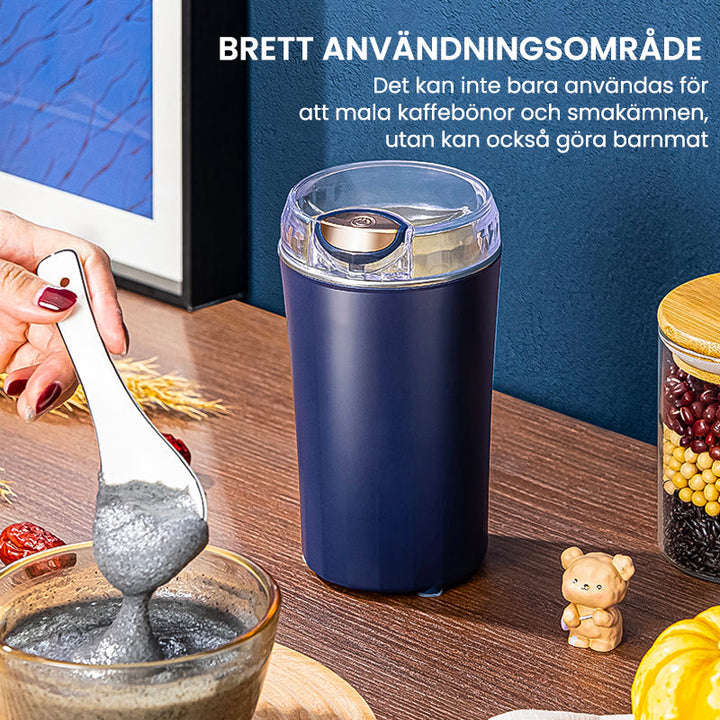"Bärbar elektrisk kvarn i rostfritt stål, minimalistisk design, perfekt för köket, kraftfull motor, blå och vit färg."