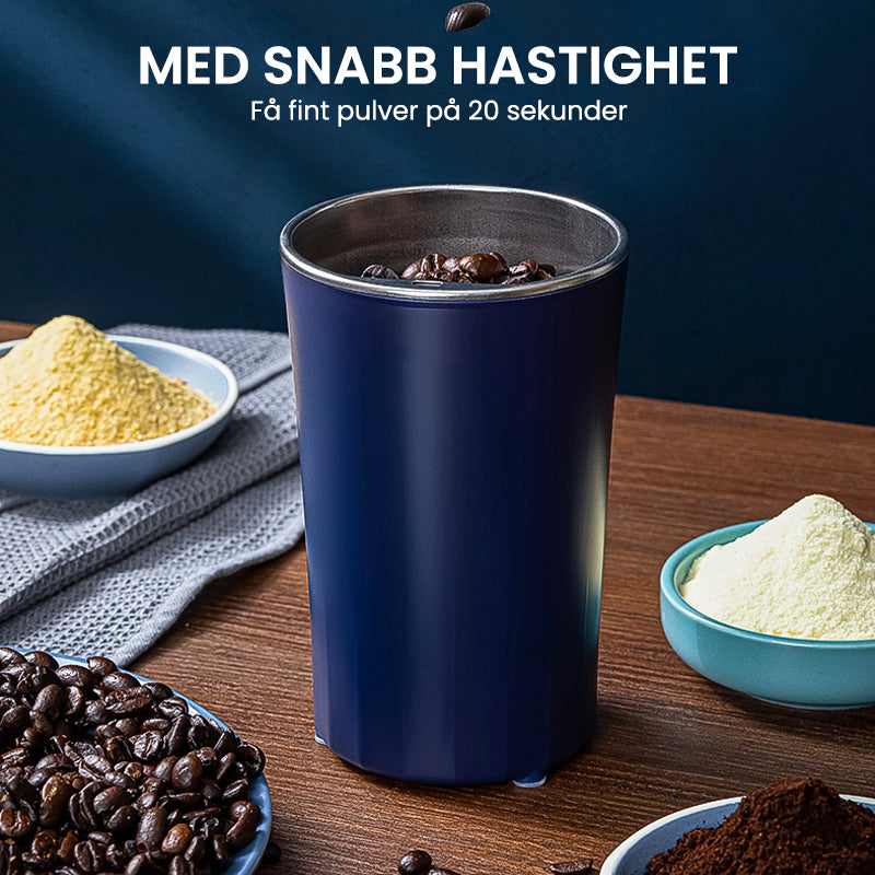 "Bärbar elektrisk kvarn i rostfritt stål, minimalistisk design, perfekt för köket, kraftfull motor, blå och vit färg."