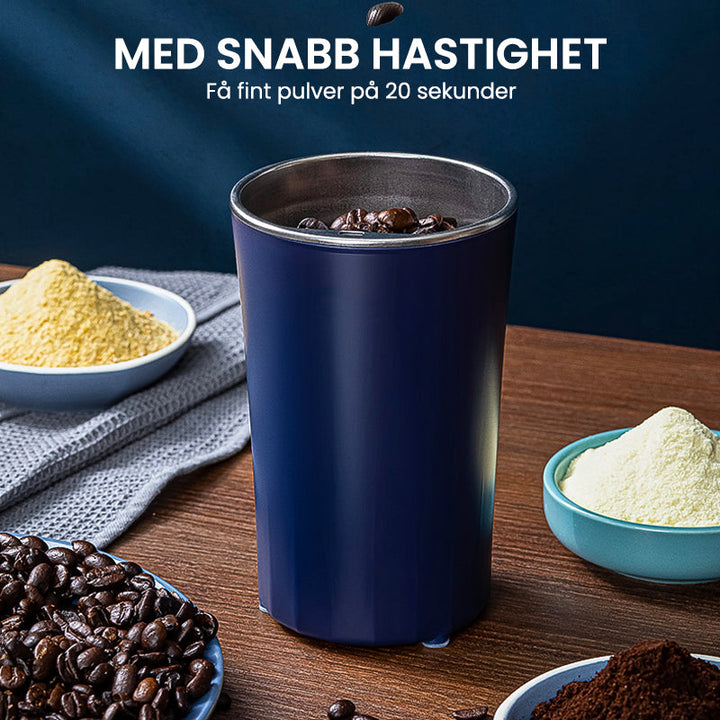 "Bärbar elektrisk kvarn i rostfritt stål, minimalistisk design, perfekt för köket, kraftfull motor, blå och vit färg."