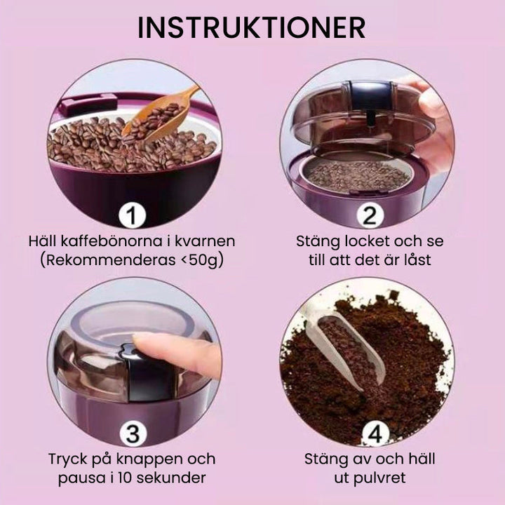 "Bärbar elektrisk kvarn i rostfritt stål, minimalistisk design, perfekt för köket, kraftfull motor, blå och vit färg."