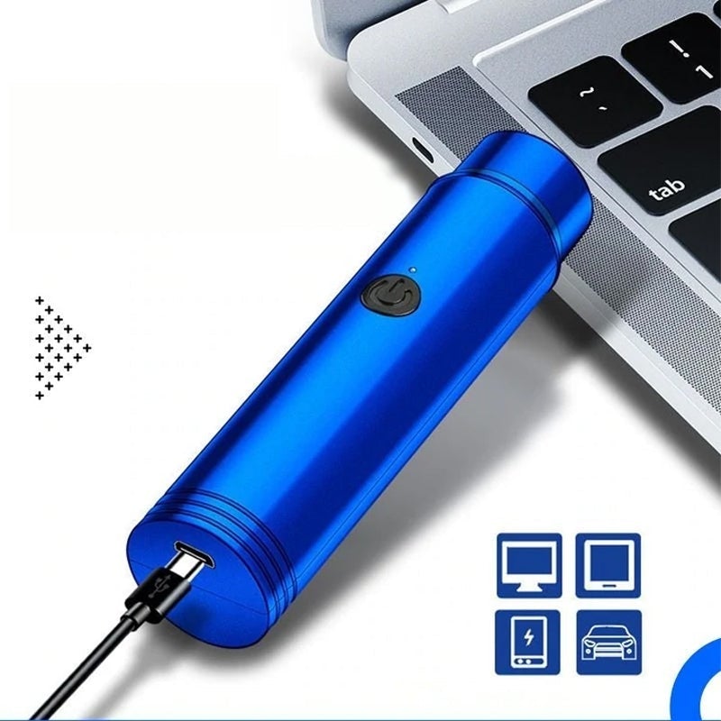 "Bärbar elektrisk rakapparat i aluminium, kompakt design, svart färg, perfekt för ansikte och kropp, IPX7 vattentät."