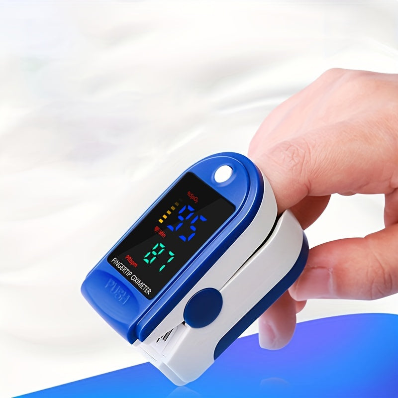 "Bärbar fingertoppspulsoximeter med digital display för enkel hälsomonitorering, mäter puls och syremättnad på ett ögonblick.