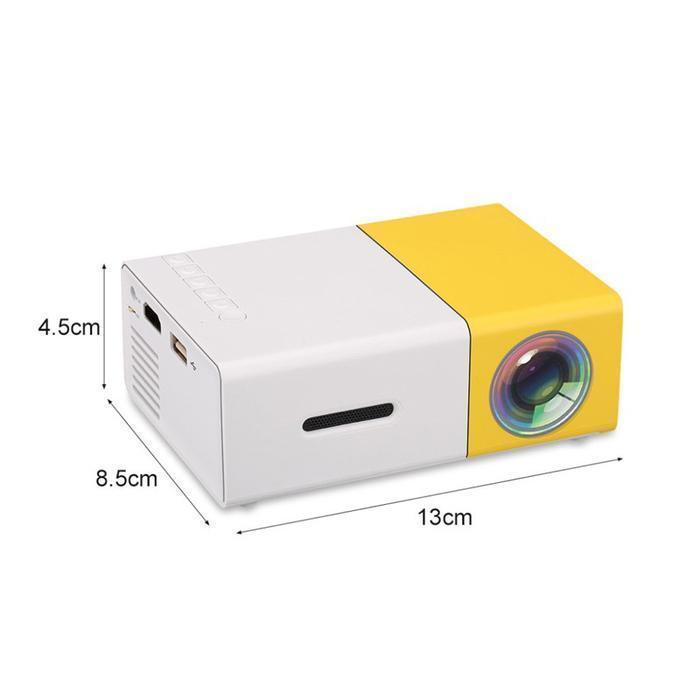 "Bärbar HD-projektor med kompakt design, svart färg, visad framifrån med HDMI och USB-portar"