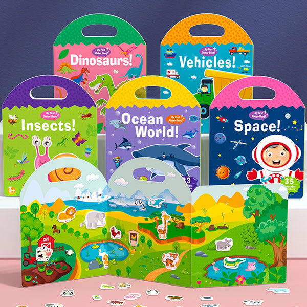 "Bärbar Jelly Quiet-Bok för barn med sex färgglada teman som djur och rymden, lätt att bära med handtag."