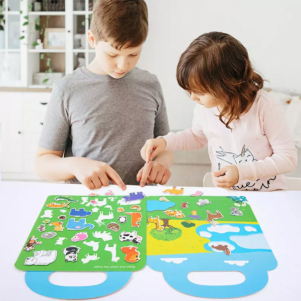 "Bärbar Jelly Quiet-Bok för barn med sex färgglada teman som djur och rymden, lätt att bära med handtag."