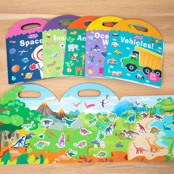 "Bärbar Jelly Quiet-Bok för barn med sex färgglada teman som djur och rymden, lätt att bära med handtag."