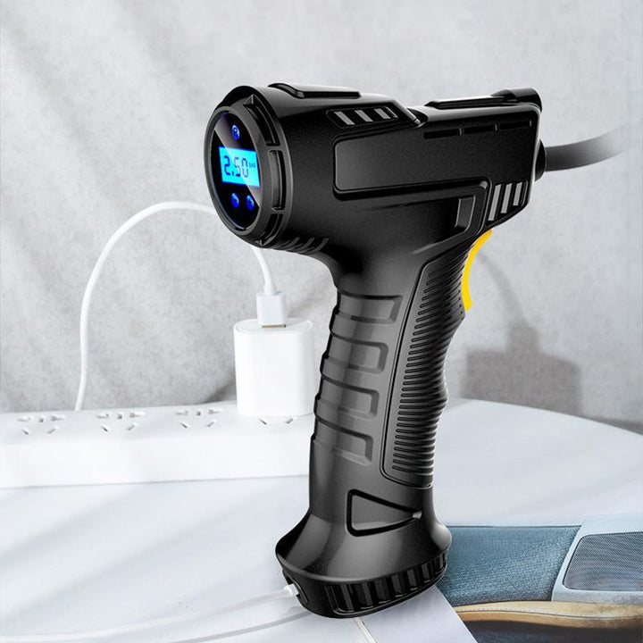 "Bärbar mini luftkompressor, kompakt design med LED-lampor, idealisk för bil- och cykeldäck."