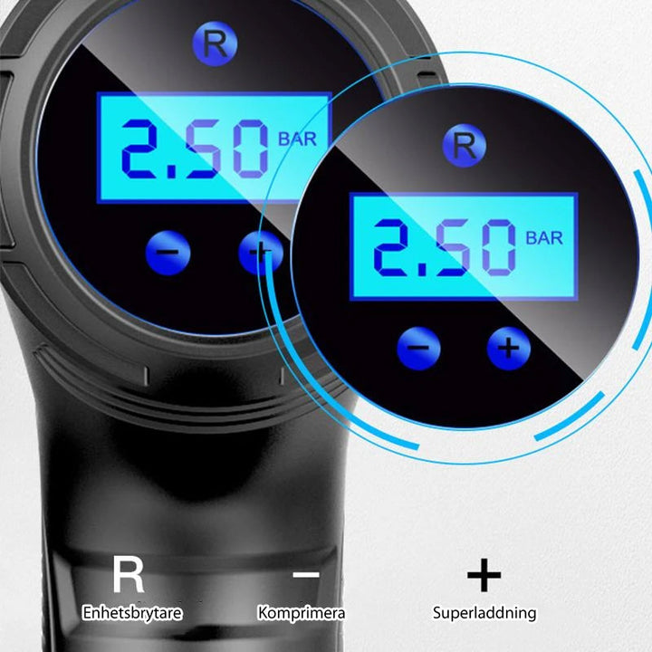"Bärbar mini luftkompressor, kompakt design med LED-lampor, idealisk för bil- och cykeldäck."