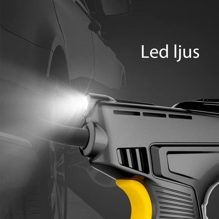 "Bärbar mini luftkompressor, kompakt design med LED-lampor, idealisk för bil- och cykeldäck."