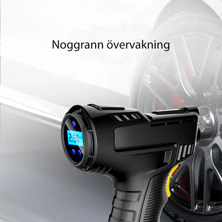 "Bärbar mini luftkompressor, kompakt design med LED-lampor, idealisk för bil- och cykeldäck."