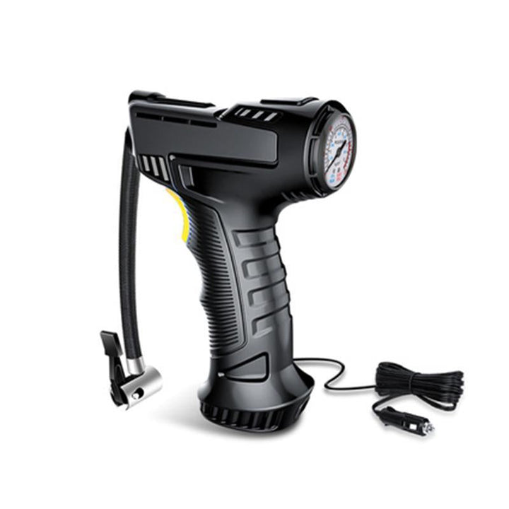 "Bärbar mini luftkompressor, kompakt design med LED-lampor, idealisk för bil- och cykeldäck."